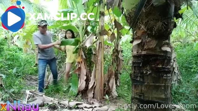 Ra thăm vườn chuối cùng em hàng xóm, chồng ngủ trưa, vợ với hàng xóm lén lút địt nhau
